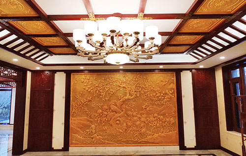 西沙中式别墅客厅中式木作横梁吊顶装饰展示